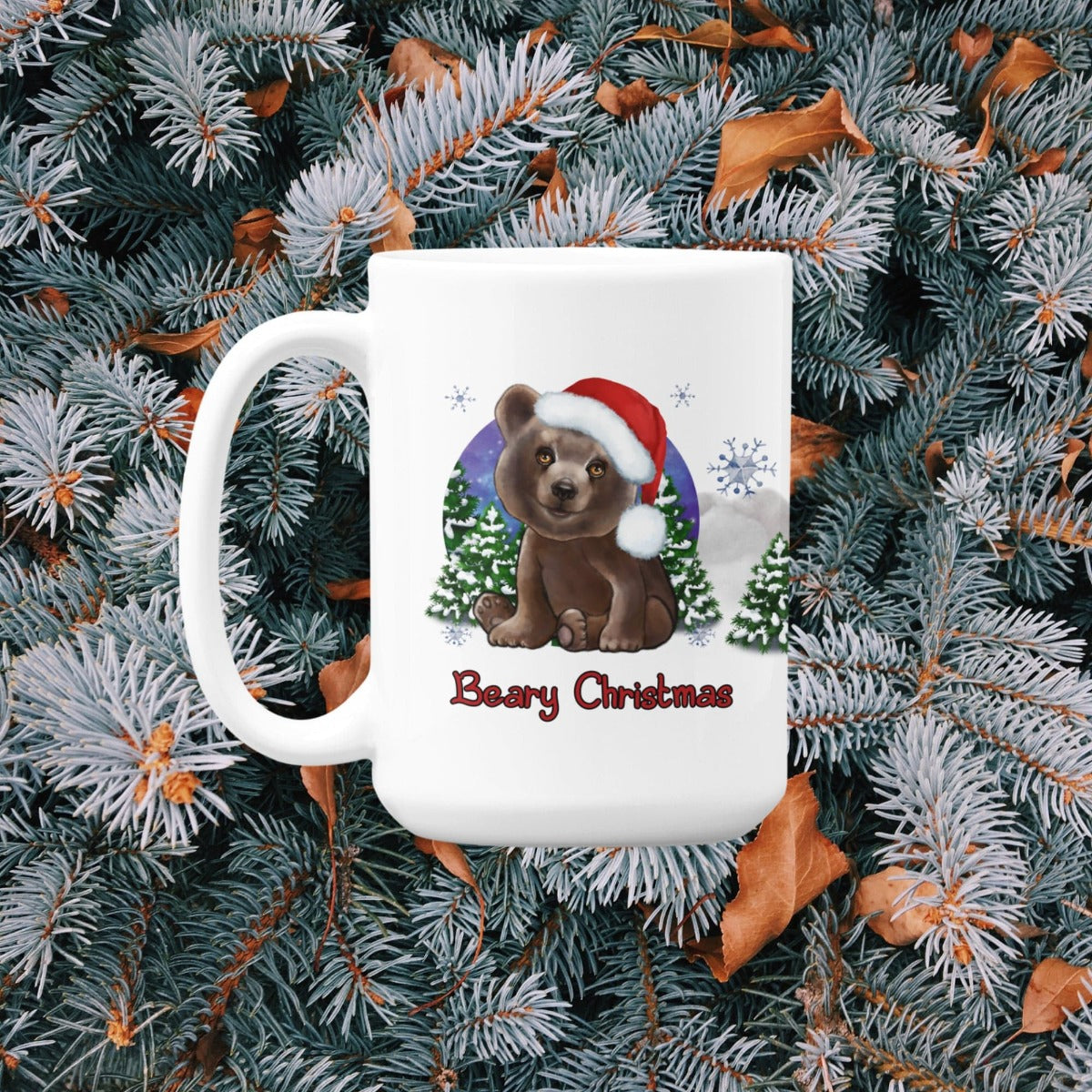 Printify Mug 15oz Coffee Mug, "Beary Christmas", Brown Bear Mug, Red Hat, White 15oz Ceramic, Gift 15888933880454762022